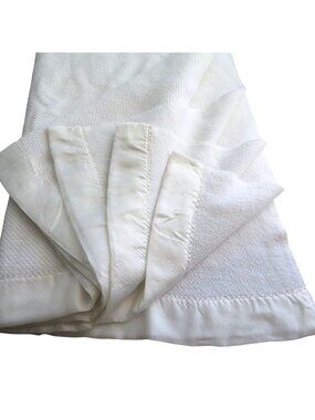 Vintage Ralph Lauren White Acrylic Blanket Queen 90"x90" Satin Trim Made In USA